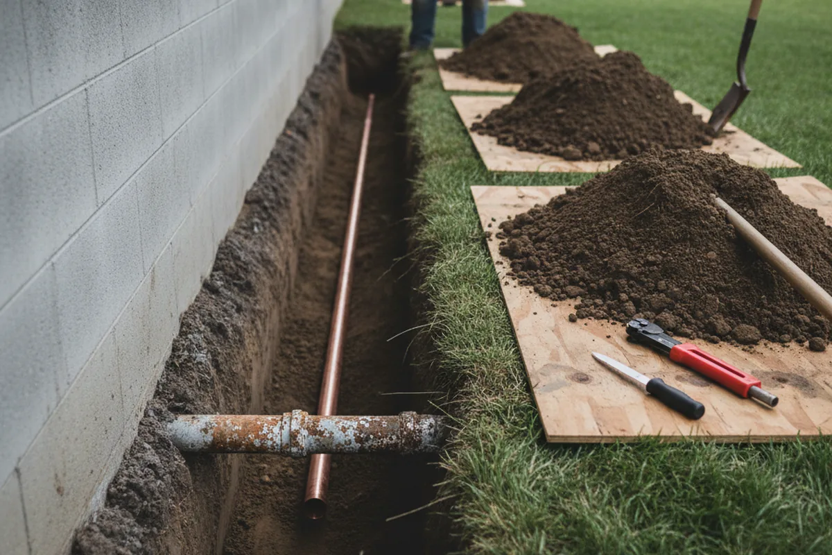 Excavated water line trench during Water Softener Installation in San Quentin